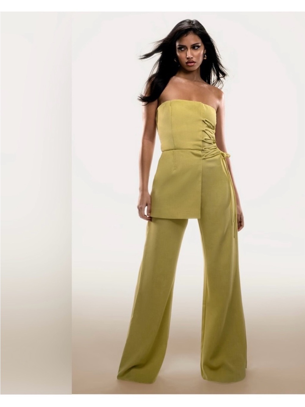 PrettyLittleThing Olive Strapless Wide-Leg Jumpsuit with Side Ruched Tie